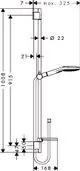 Hansgrohe Brauseset mit wandmontierter Brausestange, Handbrause und Seifenschale, skizzierte Maße und Anschlussdetails deutlich dargestellt.
